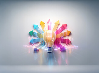 Poster - vibrant lightbulb with colorful arrows radiating outwards in a double exposure effect, symbolizing i