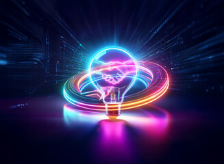 Poster - double exposure handshake inside neon light bulb with rings. vibrant colors evoke innovation and con
