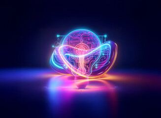 Aufkleber - abstract glowing brain with neon lines and a double exposure effect creates a futuristic, vibrant, a