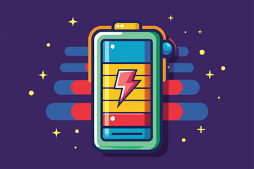 Poster - A vibrant battery icon illustrates a fully charged phone against a lively background in a digital style, Save phone battery