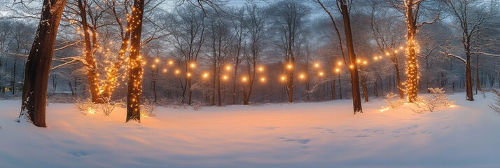 Poster - Serene snow covered forest with twinkling lights creates a magical winter atmosphere perfect for holiday festivities