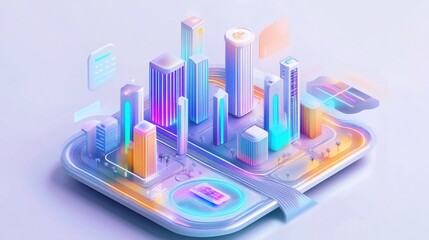 Poster - Isometric Smart City on Mobile Device Concept with Neon Lights and Modern Buildings