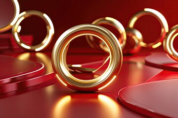 Poster - Golden Light Rings on Red Background with Vibrant Graphic Design Elements