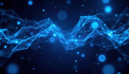 The abstract digital technology background features a mesmerizing array of geometric shapes and patterns in various shades of blue