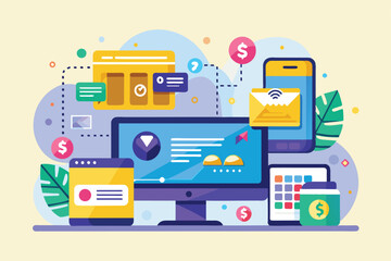 Poster - A vibrant flat design showcasing various devices promoting customizable scan to pay solutions for transactions, Scan to pay Customizable Flat Illustration