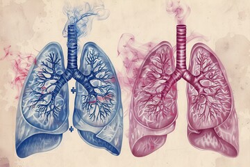 Poster - Comparison of smokers lungs and healthy lungs highlighting the effects of smoking in a medical illustration