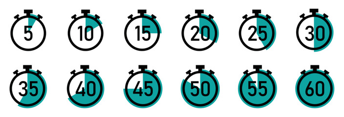 Set of stopwatch icons showing time intervals from 5 to 60 seconds. Minimal design with partial fill indicating time. Perfect for timers, fitness apps, and countdown graphics. Stopwatch, icons, vector