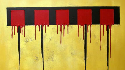 Poster - Abstract Art with Dripping Red Paint on Yellow Background and Black Blocks on Top