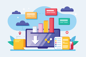Poster - A computer displays a scheduled download with colorful charts and cloud icons illustrating data management, Scheduled file downloads trending