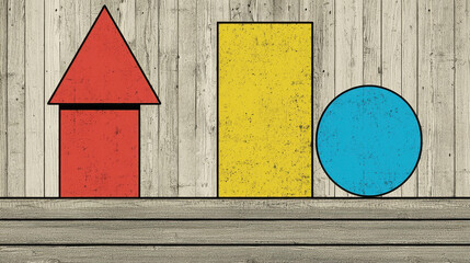 Poster - Colorful Geometric Shapes on Textured Wood Background with Simple Design Elements
