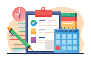 Poster - A schedule paper with tasks and notes is laid out next to a pen and calendar on a desk, Schedule paper with pen and computer
