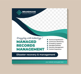 Poster - Managed Records Management, struggling with technology Social Media Post Square Banner Promotional Template. combination green and blue colors element on square layout with photo space.