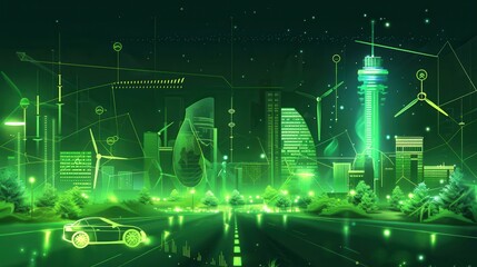 Poster - Green hydrogen outlined as a sustainable fuel source powered by solar and wind energy in a futuristic eco friendly city landscape