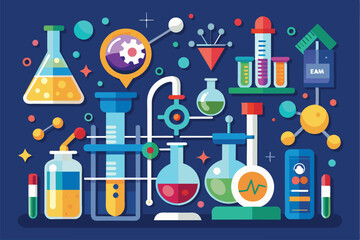 Poster - Various laboratory glassware and tools are arranged artistically on a vibrant background, showcasing scientific themes, Science
