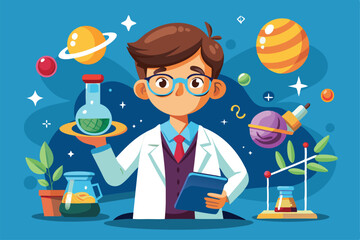 Poster - A cheerful scientist showcases a flask and clipboard surrounded by planets and lab instruments, Science Customizable Cartoon Illustration
