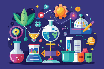 Poster - Explore a vibrant illustration featuring laboratory equipment, plants, and scientific concepts creatively arranged, Science Customizable Flat Illustration