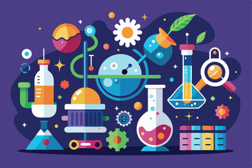 Poster - A vibrant flat design showcases lab equipment like test tubes and beakers on a colorful backdrop, Science Customizable Flat Illustration