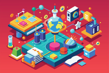 Poster - a vibrant isometric illustration showing a science lab equipped with models and experiment setups fo
