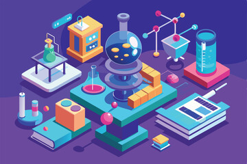 Poster - A vibrant isometric science laboratory features flasks, beakers, and scientific instruments arranged creatively, Science Customizable Isometric Illustration
