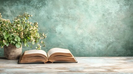 Poster - Minimalist open book mockup lying flat on a clean uncluttered desk with soft natural lighting  The background is clean and simple providing ample copy space for editorial or commercial use