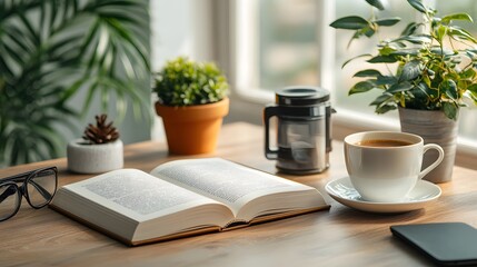 Poster - Minimalist open book mockup lying flat on a clean modern desk with soft natural lighting leaving ample copy space for editorial publishing or commercial use