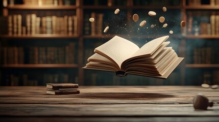 Poster - Floating book mockup with blank pages set against a softly lit library background creating a clean and elegant composition for copy space and design purposes