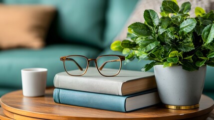Poster - Minimalist book stack mockup with blank covers placed on a modern coffee table  A cozy living room setting in the background provides ample copy space for graphic designers publishers or authors