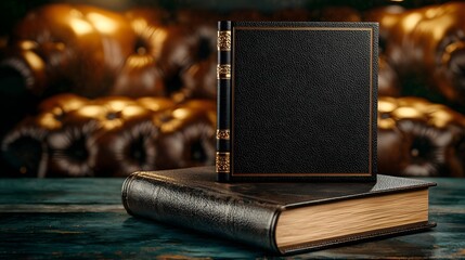 Poster - Cozy and Comfortable Vintage Leather Armchair with a Book Mockup Placed on It Illuminated by Warm Reading Light with a Blurred Background to Provide Copy Space