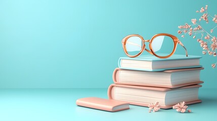 Poster - Minimalist Infographic Design Featuring a Neatly Stacked Book Icon Eyeglasses Resting on Top and a Bookmark Placed Beside All Presented on a Clean Isolated Background