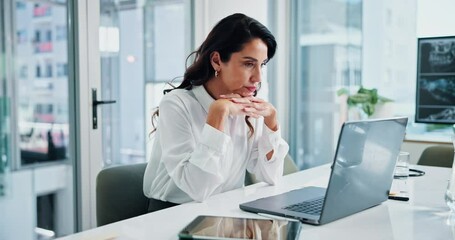 Poster - Mature, woman thinking and doctor with laptop in office, medical career and online for clinic schedule. Ideas, healthcare professional and hospital website for administration, solution and plan