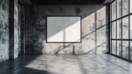 Poster - Sophisticated gallery wall featuring an empty frame ready for artistic expression in a modern, industrial space with natural light