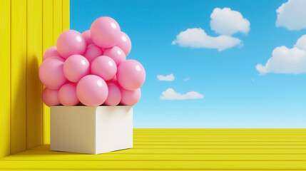 Poster - Colorful Pink Balls in a White Box against a Bright Blue Sky with Clouds