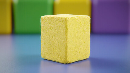 Poster - Bright Yellow Soft Cube Against Colorful Background in Vibrant Playful Setting