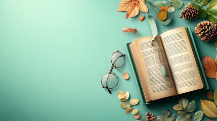 Poster - Vibrant infographic design featuring a book icon with a colorful bookmark hanging from its pages paired with round eyeglasses all arranged on a clean isolated background for educational