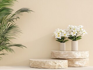 Poster - layered stone-textured 3d podium, earthy color palette, natural and organic feel, soft lighting, per