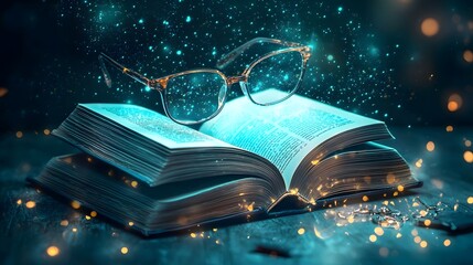 Poster - Visually striking infographic design featuring an open book icon with a captivating glowing effect accompanied by hovering eyeglasses and a bookmark placed on the pages