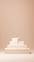 Poster - stacked cube 3D podium, abstract architectural form, minimalistic yet dynamic composition, creative branding concept, neutral color palette, soft diffused lighting, copy space, no watermark, no