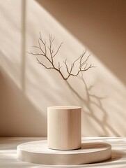 Poster - wood-textured 3D podium, warm natural materials, soft directional lighting, organic aesthetic, premium and elegant display, perfect for eco-conscious branding, copy space, no watermark, no trademark