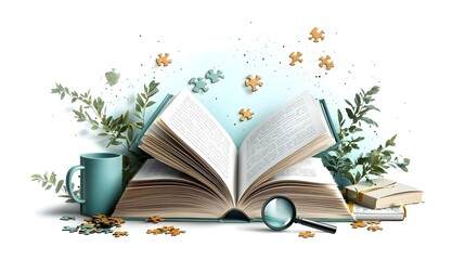 Poster - Infographic Illustrating the Link Between Reading and Improved Analytical Thinking Skills Featuring Book Magnifying Glass and Puzzle Piece Icons on an Isolated Background