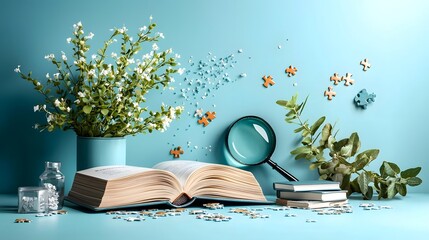 Poster - Infographic Demonstrating How the Act of Reading Strengthens Analytical Thinking and Problem Solving Skills Featuring Book Magnifying Glass and Puzzle Piece Icons on an Isolated Background