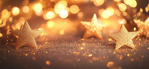 Poster - Glittering Golden Stars with Bokeh Lights on a Soft Background