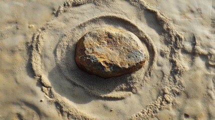 Fototapete - Smooth stone at the center of concentric circles in sand represents stability and inner strength with space for text above