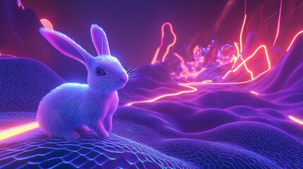Poster - Cyberpunk Bunny in a Neon Landscape: A Digital Fantasy Adventure
