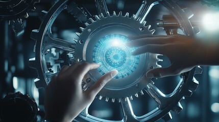 Poster - Human and Robot Hands Touching an Illuminated Gear Wheel