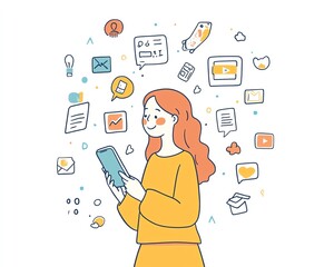 Poster - A woman s hand holding a smartphone with floating media icons and symbols, depicting the use of the internet in daily activities like communication, shopping, and news consumption