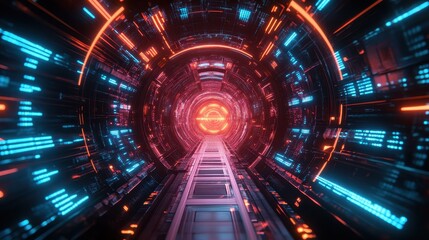 Poster - Neon-lit futuristic tunnel with glowing orange and blue lines. Ideal for sci-fi, technology, or virtual reality projects, conveying a sense of speed and innovation.