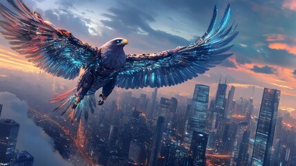 Poster - Cybernetic Eagle Soaring Over Futuristic Cityscape at Sunset