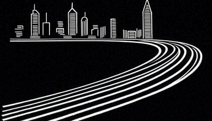Poster - Abstract Urban Skyline with Curved Road Lines on a Black Background for Creative Use