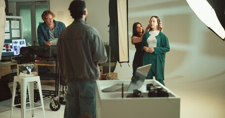Aufkleber - Fashion, photographer and team with people in studio for ecommerce catalog, production and model. Creative project, photoshoot and backstage with men and women on set for filming a brand campaign