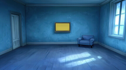Poster - Empty Blue Room with Sofa and Blank Wall Space for Decoration or Artwork Display